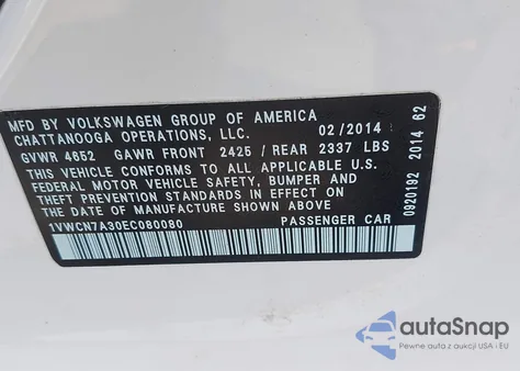 2014 Volkswagen Passat 2.0L Tdi Sel Premium z USA, uszkodzony, nr VIN 1VWCN7A30EC080080